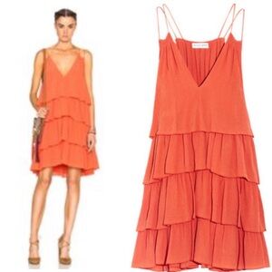 Apiece Apart 100% Silk Ruffled
Tiered Mini Dress Summer Top Coral Orange canyons